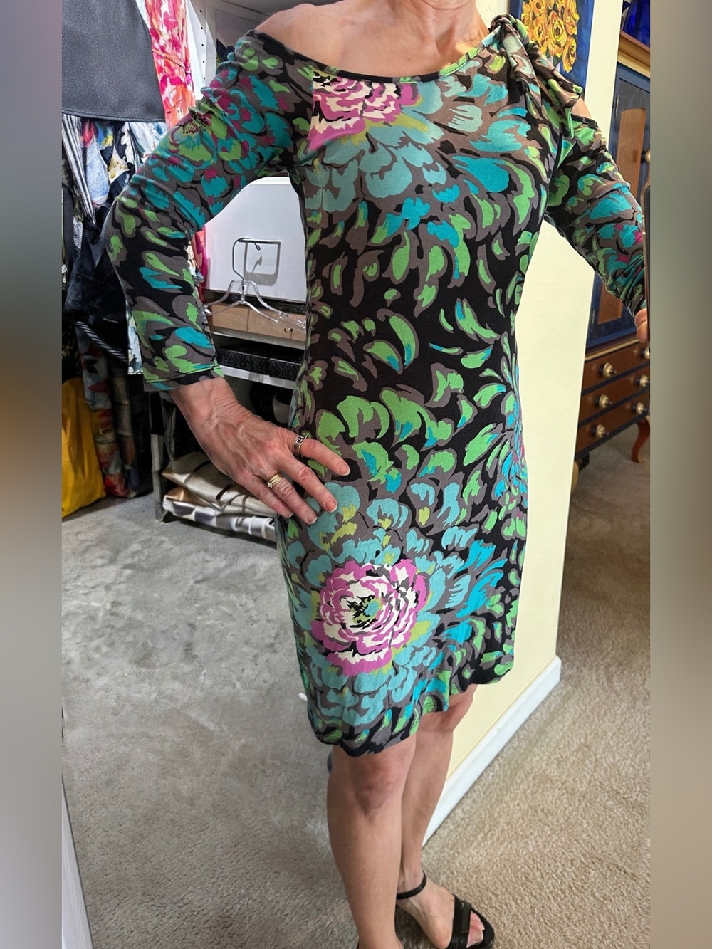 Weston Wear One-Shoulder Floral Bodycon Dress in Black, Teal & Green